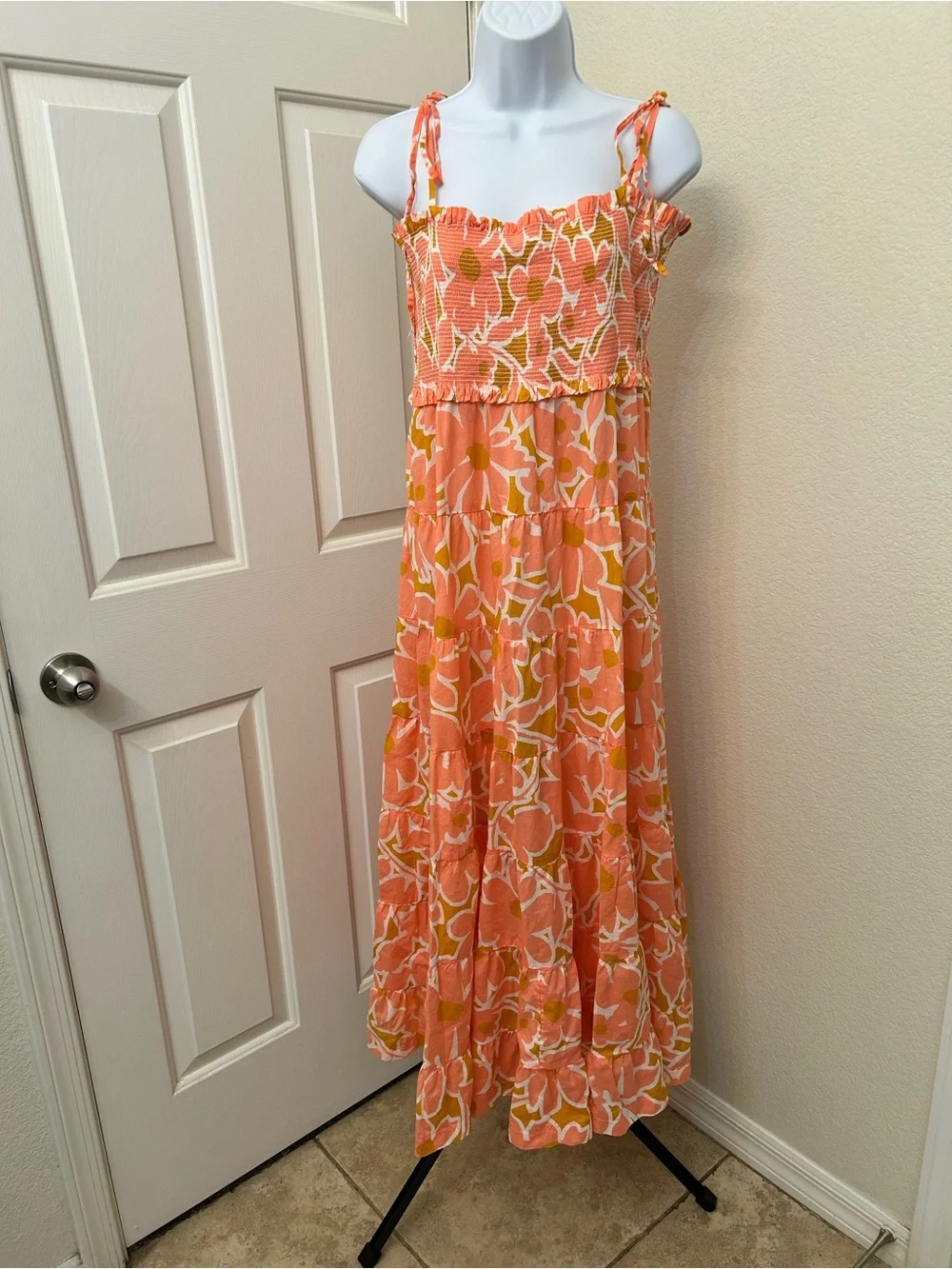 J. Crew Orange Floral Smocked Tie-Shoulder Maxi Dress